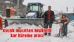 Küçük mucitten bisikletli kar küreme aracı