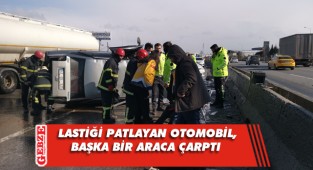 Lastiği patlayan otomobil, başka bir araca çarptı