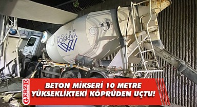 Otomobille çarpışan beton mikseri köprüden uçtu!