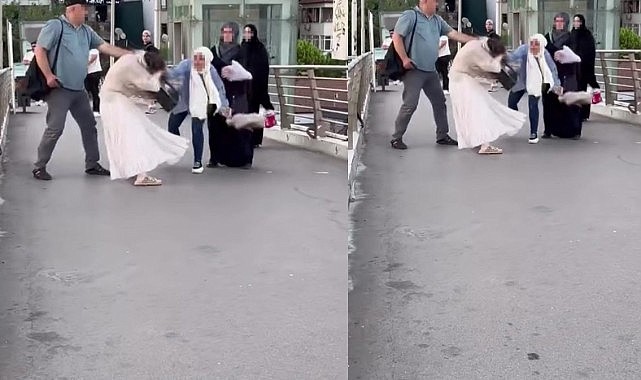 İki kadın üst geçitte saç saça baş başa kavga etti!